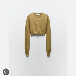 ZARA Green Knit Cropped Cardigan Button Sweater XS NWT